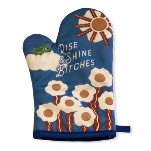 rise and shine bitches funny breakfast bacon and eggs graphic kitchen accessories funny graphic kitchenwear funny food novelty cookware blue oven mitt