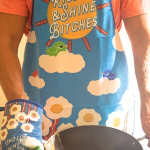 Rise And Shine Bitches Funny Breakfast Bacon And Eggs Graphic Kitchen Accessories Funny Graphic Kitchenwear Funny Food Novelty Cookware Blue Oven Mitt