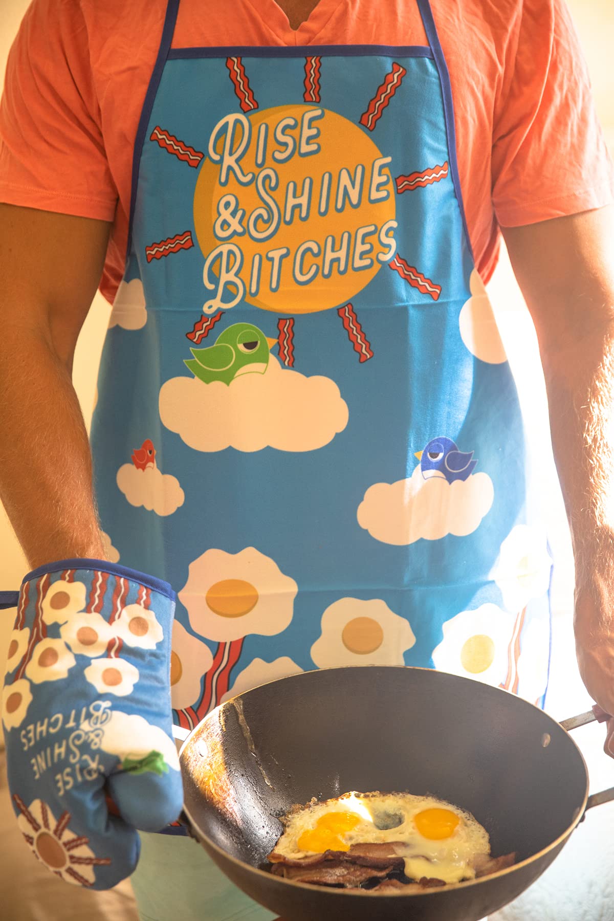 Rise And Shine Bitches Funny Breakfast Bacon And Eggs Graphic Kitchen Accessories Funny Graphic Kitchenwear Funny Food Novelty Cookware Blue Oven Mitt