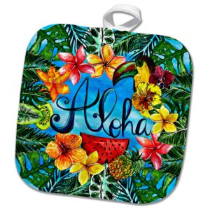 3drose pot holder aloha colorful trendy palm leaves jungle tropical hawaii typography, 8 by 8"