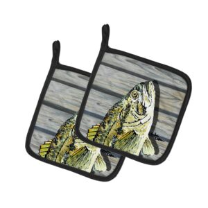 caroline's treasures 8493pthd fish bass small mouth pair of pot holders kitchen heat resistant pot holders sets oven hot pads for cooking baking bbq, 7 1/2 x 7 1/2