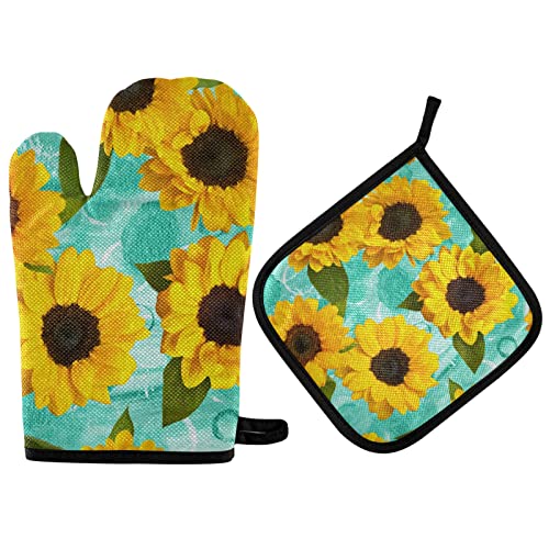 Oyihfvs Seamless Yellow Sunflowers on a Teal Blue Watercolor Texture Oven Mitts Pot Holders Sets Non-Slip Hot Pads Gloves for Kitchen Cooking Baking Grilling BBQ