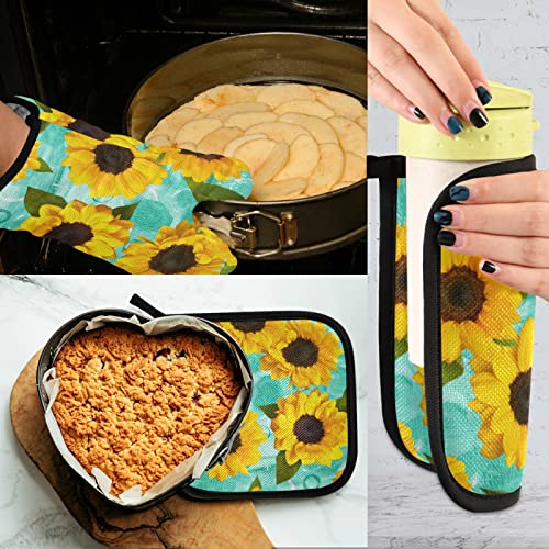 Oyihfvs Seamless Yellow Sunflowers on a Teal Blue Watercolor Texture Oven Mitts Pot Holders Sets Non-Slip Hot Pads Gloves for Kitchen Cooking Baking Grilling BBQ