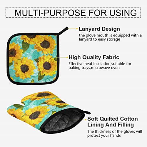 Oyihfvs Seamless Yellow Sunflowers on a Teal Blue Watercolor Texture Oven Mitts Pot Holders Sets Non-Slip Hot Pads Gloves for Kitchen Cooking Baking Grilling BBQ