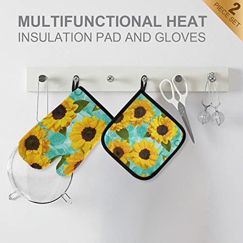 Oyihfvs Seamless Yellow Sunflowers on a Teal Blue Watercolor Texture Oven Mitts Pot Holders Sets Non-Slip Hot Pads Gloves for Kitchen Cooking Baking Grilling BBQ