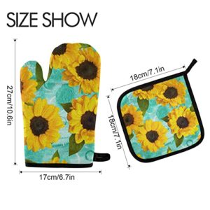 Oyihfvs Seamless Yellow Sunflowers on a Teal Blue Watercolor Texture Oven Mitts Pot Holders Sets Non-Slip Hot Pads Gloves for Kitchen Cooking Baking Grilling BBQ