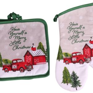 Have Yourself A Merry Little Christmas Farmhouse Vintage Red Truck Decorative Oven Mitt Potholders Kitchen Set 2 Potholders 1 Oven Mitt, Optional Christmas Cards Super Value Pack