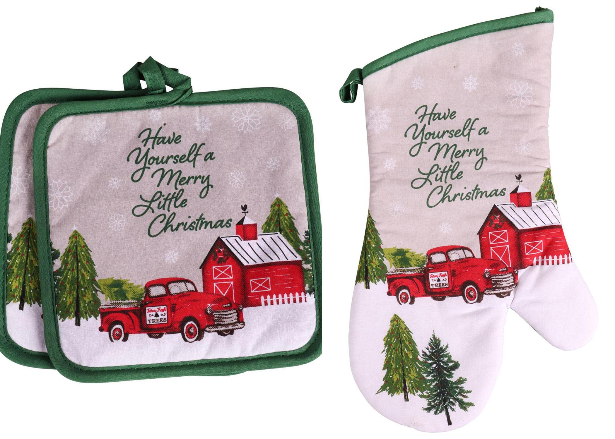 Have Yourself A Merry Little Christmas Farmhouse Vintage Red Truck Decorative Oven Mitt Potholders Kitchen Set 2 Potholders 1 Oven Mitt, Optional Christmas Cards Super Value Pack