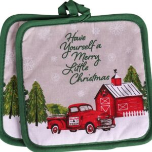 Have Yourself A Merry Little Christmas Farmhouse Vintage Red Truck Decorative Oven Mitt Potholders Kitchen Set 2 Potholders 1 Oven Mitt, Optional Christmas Cards Super Value Pack