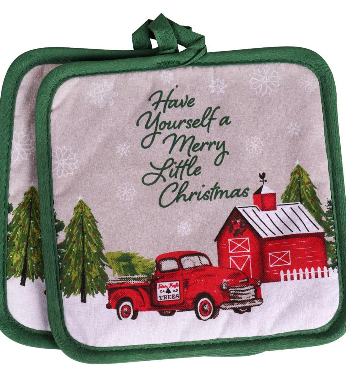 Have Yourself A Merry Little Christmas Farmhouse Vintage Red Truck Decorative Oven Mitt Potholders Kitchen Set 2 Potholders 1 Oven Mitt, Optional Christmas Cards Super Value Pack