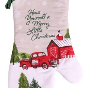 Have Yourself A Merry Little Christmas Farmhouse Vintage Red Truck Decorative Oven Mitt Potholders Kitchen Set 2 Potholders 1 Oven Mitt, Optional Christmas Cards Super Value Pack