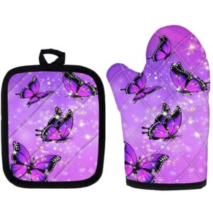 doginthehole 2 piece oven mitts and pot holders sets purple butterfly print oven gloves non slip heat resistant pot holders for bbq,cooking,baking,kitchen,grilling