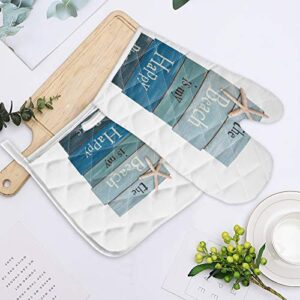 2 Pieces Extra Long Thick Oven Mitts and Pot Holders-Beach Themed, The Beach is My Happy Place/Plank Board Sign with Starfish,Non-Slip Heat Resistance Cooking Gloves for Home Kitchen BBQ