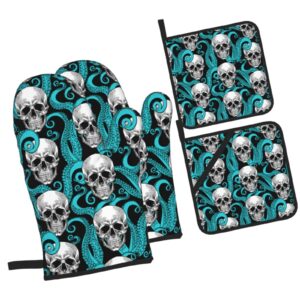 skull oven mitts and pot holders 4pcs sets，funny kitchen high heat resistant oven mitts，with oven gloves and hot pads pot holders for baking cooking bbq grilling