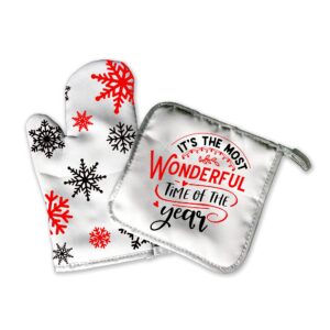 christmas home decoration | kitchen decor | snowflakes | oven mitt pot holder | old fashion xmas | rustic holiday accents | christma gift 2021 santa grandma clause (most wonderful time of the year)