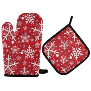 winter red snowflakes oven mitts & pot holders 2pcs christmas xmas kitchen heat resistant non-slip potholders set for cooking baking bbq