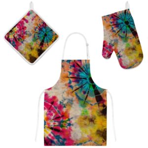 my daily kitchen apron with pockets, oven mitt and pot holder set, vintage tie dye colorful adjustable cooking apron, microwave glove, potholder, 3 piece