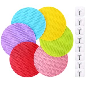 6 pack silicone trivets pot mat round,pan pot holders set heat resistant-resistant (440ºf) & eco-friendly,insulation,non slip silicon hot dishtrivet for kitchen diningtable countertop,with 8 hooks