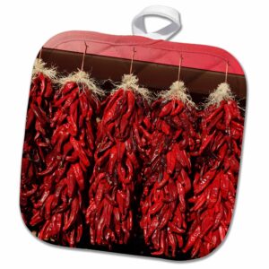 3d rose chili peppers drying in the sun-velarde-new mexico-usa. pot holder, 8 x 8