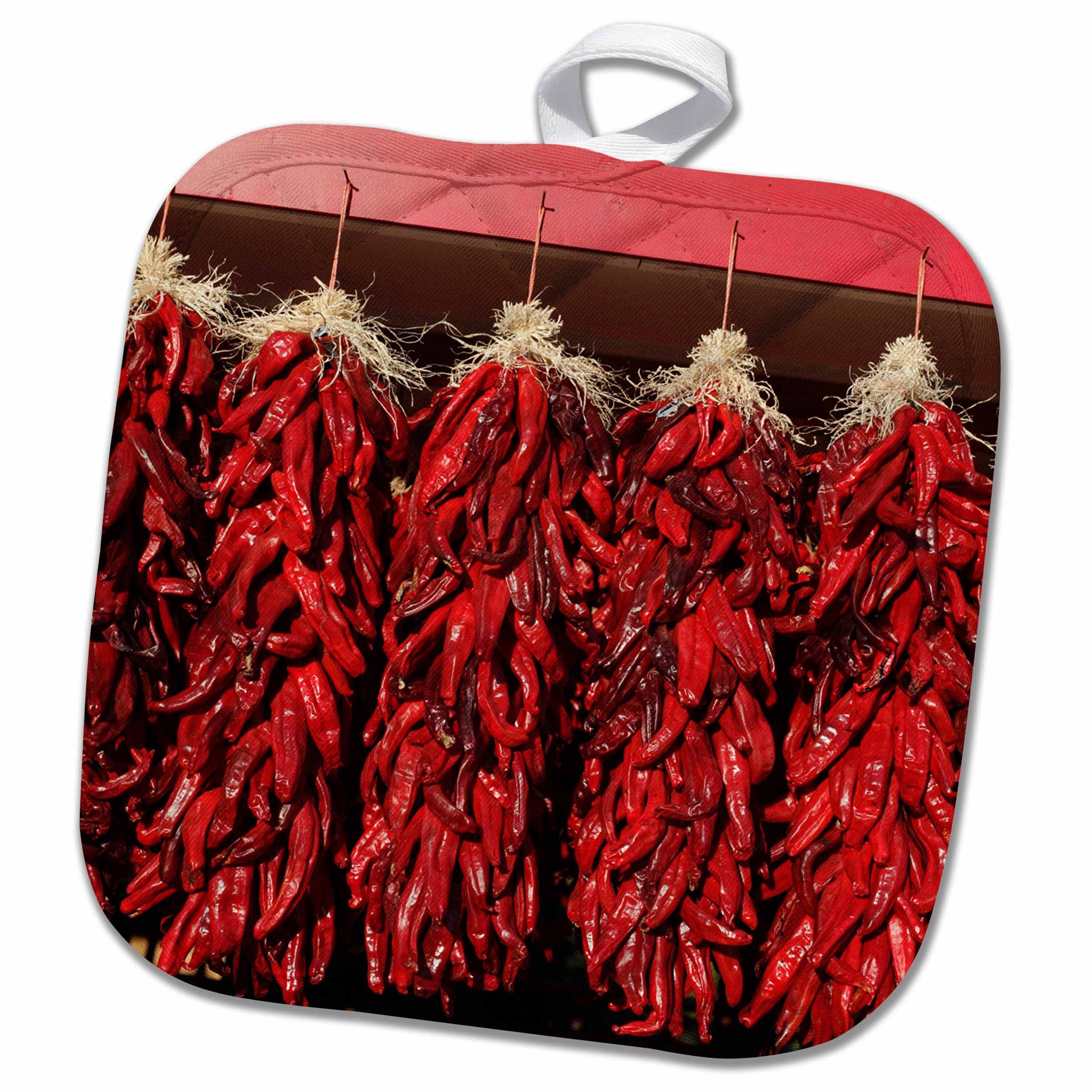 3D Rose Chili Peppers Drying in The Sun-Velarde-New Mexico-USA. Pot Holder, 8 x 8