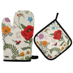 Oven Mitts and Pot Holder Oven Gloves Plants Flowers and Butterflies Provence Style Non Slip Hot Pads Insulation Gloves Heat Resistant Kitchen Set for Cooking Baking Grilling BBQ