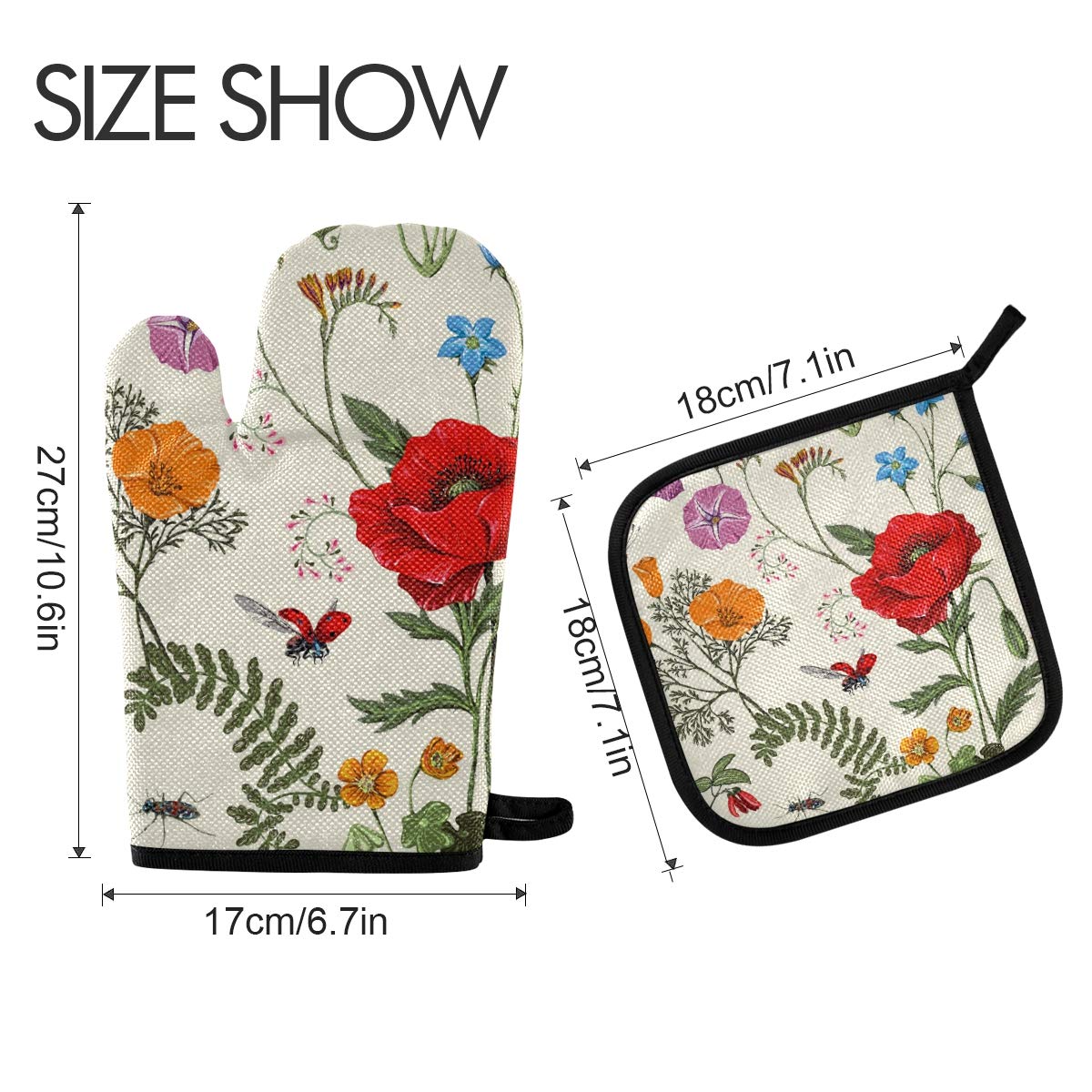 Oven Mitts and Pot Holder Oven Gloves Plants Flowers and Butterflies Provence Style Non Slip Hot Pads Insulation Gloves Heat Resistant Kitchen Set for Cooking Baking Grilling BBQ