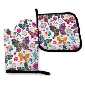 colorful butterflies and flowers oven mitts pot holders set, heat resistant kitchen waterproof with inner cotton layer for cooking bbq baking