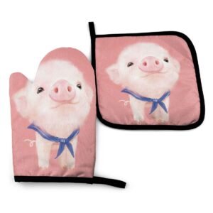 foruidea pink pug pig oven mitts and pot holders sets kitchen heat resistant oven gloves for bbq cooking baking grilling machine washable (2-piece sets)
