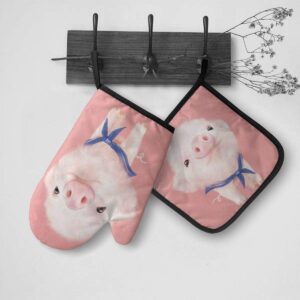 Foruidea Pink Pug Pig Oven Mitts and Pot Holders Sets Kitchen Heat Resistant Oven Gloves for BBQ Cooking Baking Grilling Machine Washable (2-Piece Sets)