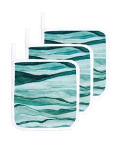 teal ombre pot holders for kitchen heat insulation, watercolor modern turquoise abstract art aesthetics potholders hot pads with hanging loop, washable oven pot holder trivet for cooking baking 3 pack