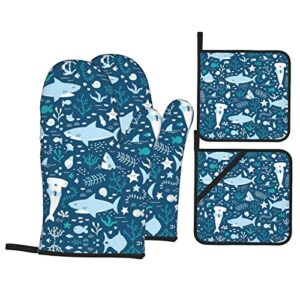 Cute Blue Fish Home Oven Gloves and Pot Holders 4-Piece Set for Kitchen Cooking and Baking High Heat Resistant Set