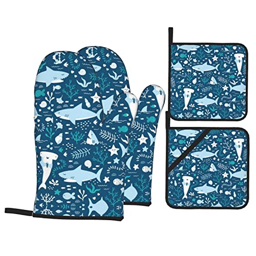 Cute Blue Fish Home Oven Gloves and Pot Holders 4-Piece Set for Kitchen Cooking and Baking High Heat Resistant Set