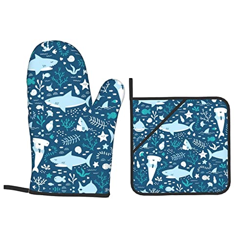 Cute Blue Fish Home Oven Gloves and Pot Holders 4-Piece Set for Kitchen Cooking and Baking High Heat Resistant Set