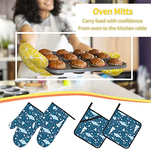 Cute Blue Fish Home Oven Gloves and Pot Holders 4-Piece Set for Kitchen Cooking and Baking High Heat Resistant Set