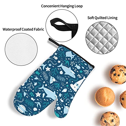 Cute Blue Fish Home Oven Gloves and Pot Holders 4-Piece Set for Kitchen Cooking and Baking High Heat Resistant Set