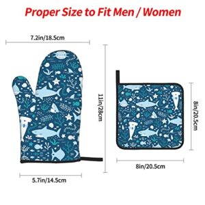 Cute Blue Fish Home Oven Gloves and Pot Holders 4-Piece Set for Kitchen Cooking and Baking High Heat Resistant Set