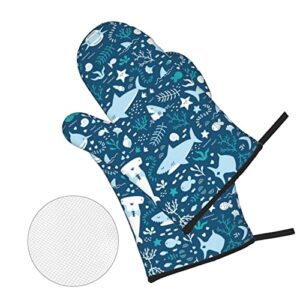 Cute Blue Fish Home Oven Gloves and Pot Holders 4-Piece Set for Kitchen Cooking and Baking High Heat Resistant Set