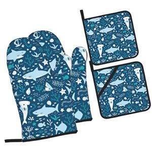 Cute Blue Fish Home Oven Gloves and Pot Holders 4-Piece Set for Kitchen Cooking and Baking High Heat Resistant Set