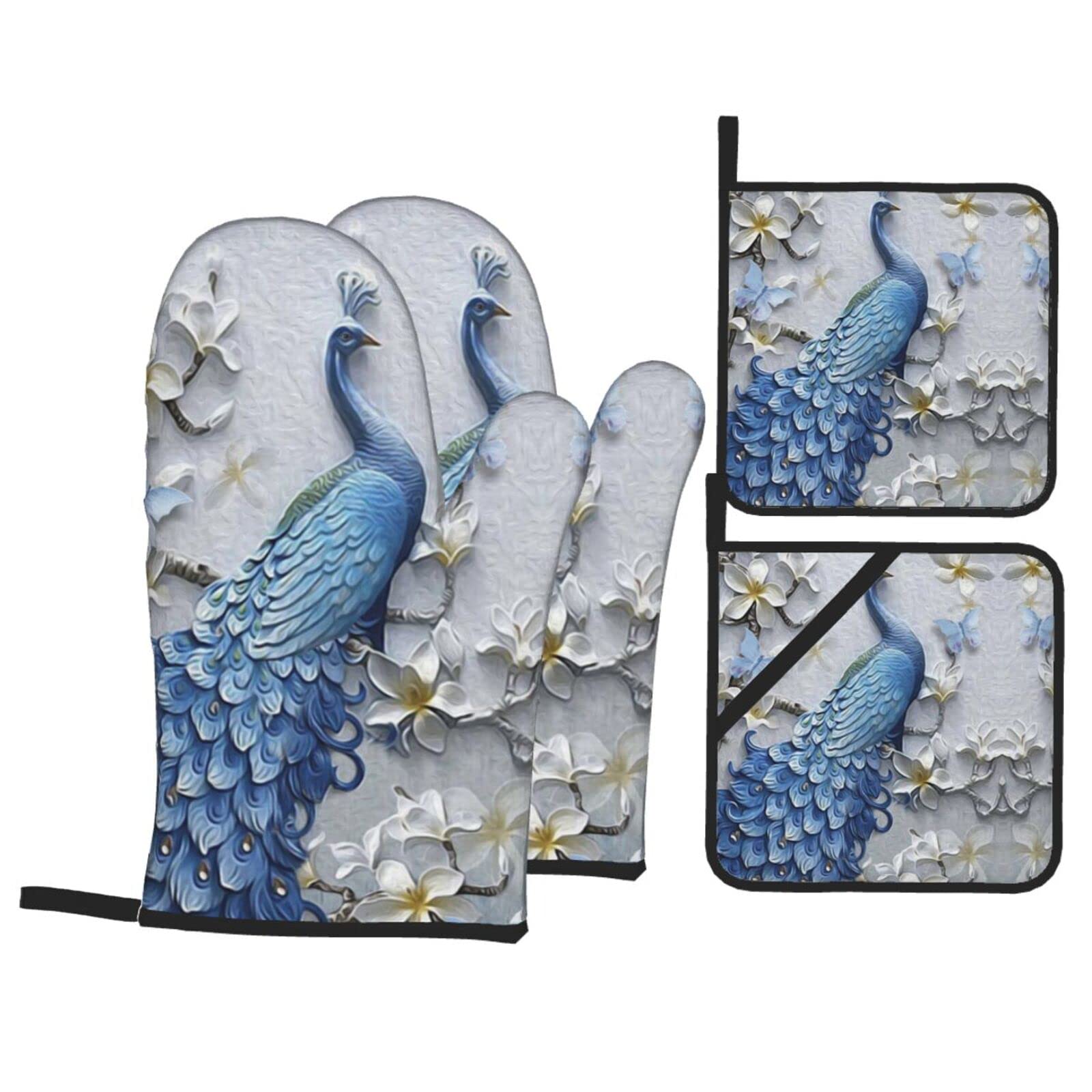 Beautiful Peacock Oven Mitts and Pot Holders,High Heat Resistant,Non-Slip Surface Soft Inner Lining for Cooking Baking