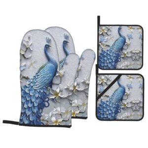 Beautiful Peacock Oven Mitts and Pot Holders,High Heat Resistant,Non-Slip Surface Soft Inner Lining for Cooking Baking