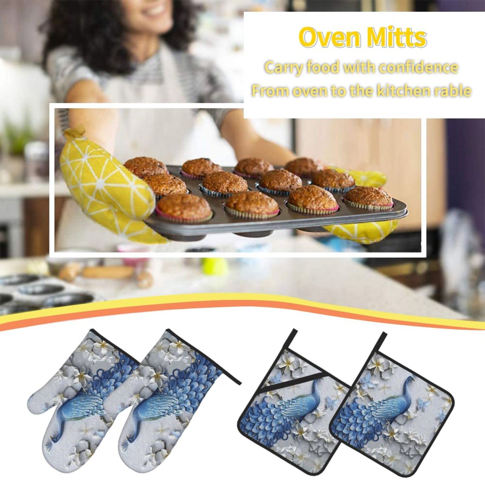 Beautiful Peacock Oven Mitts and Pot Holders,High Heat Resistant,Non-Slip Surface Soft Inner Lining for Cooking Baking