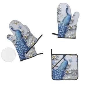 Beautiful Peacock Oven Mitts and Pot Holders,High Heat Resistant,Non-Slip Surface Soft Inner Lining for Cooking Baking