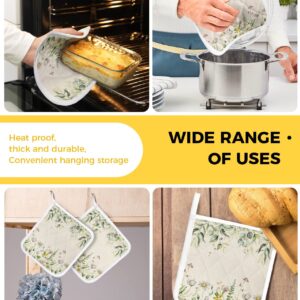 Spring Floral Pot Holders for Kitchen Heat Insulation, Weeping Eucalyptus Leaves Botanical Summer Flowers Daisy Potholders Hot Pads with Hanging Loop, Washable Pot Holder Trivet for Cooking 5 Pack