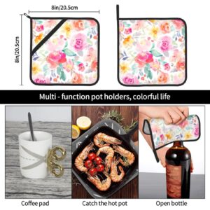 Colorful Flowers Pot Holders Set Heat Resistant Non Slip Oven Hot Pads with Hand Pockets and Hanging Loops for Kitchen Baking Cooking,Set of 2