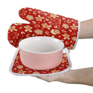 Merry Christmas Oven Mitts and Pot Holder Set, Thermal Insulation Kitchen Oven Glove and Anti-Slip Potholder for Cooking, BBQ, Baking, Microwave, Grilling - Gingerbread Man Red Background