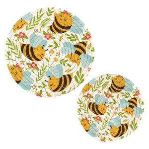 summer flowers honey bee kitchen trivet mat 2pcs cartoon bumble bee insects pot holders cotton woven trivets round hot pads coasters for cooking and baking house dinner