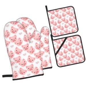 Cute Pig Oven Mitts and Pot Holders Set of 4 Washable Heat Resistant Kitchen Gloves Waterproof Oven Gloves and Hot Pads for Cooking Grilling BBQ Baking