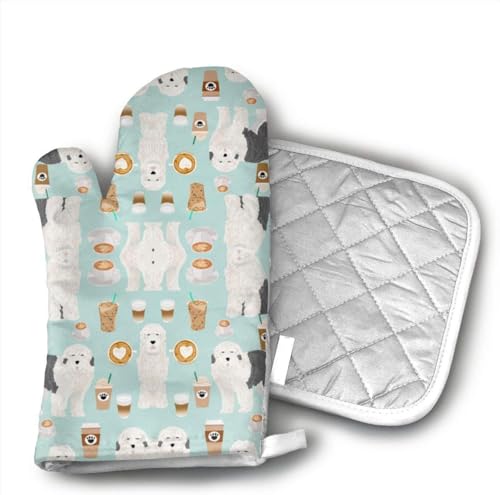 Old English Sheepdogs Coffees Fabric Cute Dogs Do Kitchen Potholder - Heat Resistant Oven Gloves to Protect Hands and Surfaces with Non-Slip Grip,Ideal for Handling Hot Cookware Items.