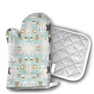 Old English Sheepdogs Coffees Fabric Cute Dogs Do Kitchen Potholder - Heat Resistant Oven Gloves to Protect Hands and Surfaces with Non-Slip Grip,Ideal for Handling Hot Cookware Items.