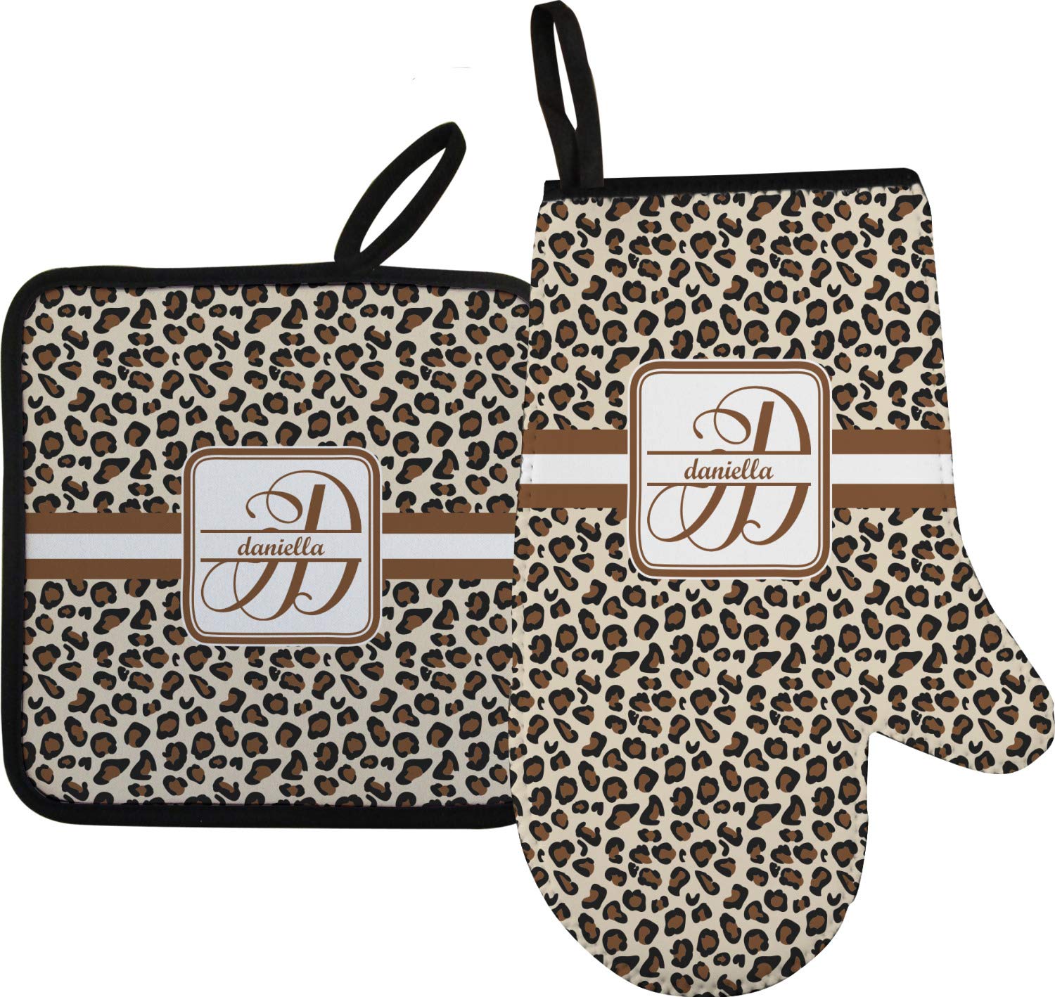 Personalized Leopard Print Right Oven Mitt & Pot Holder Set w/Name and Initial